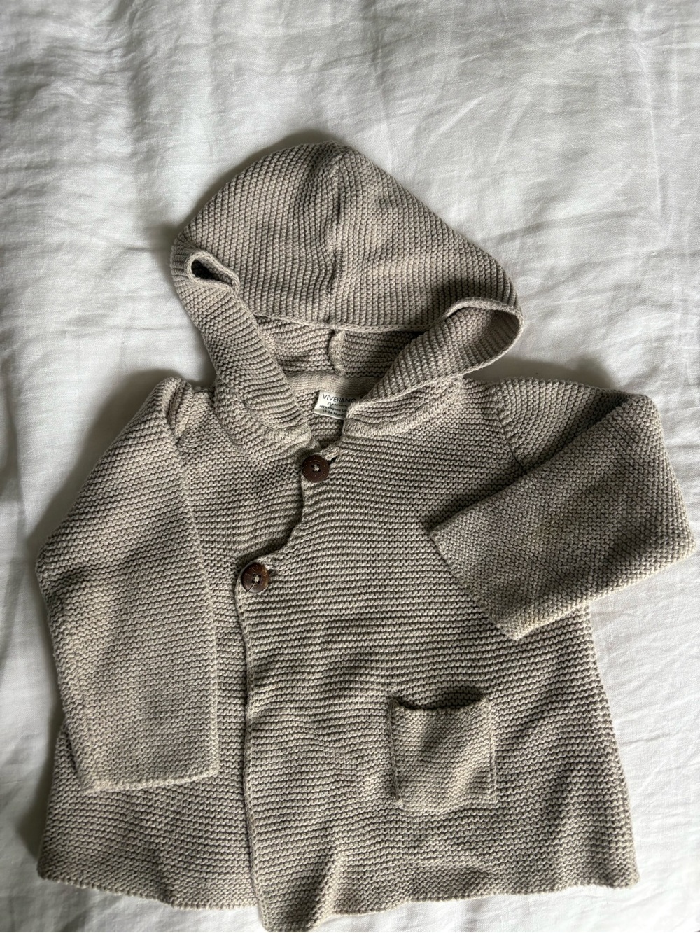 Baby Hooded Knit Cardigan in Light Taupe